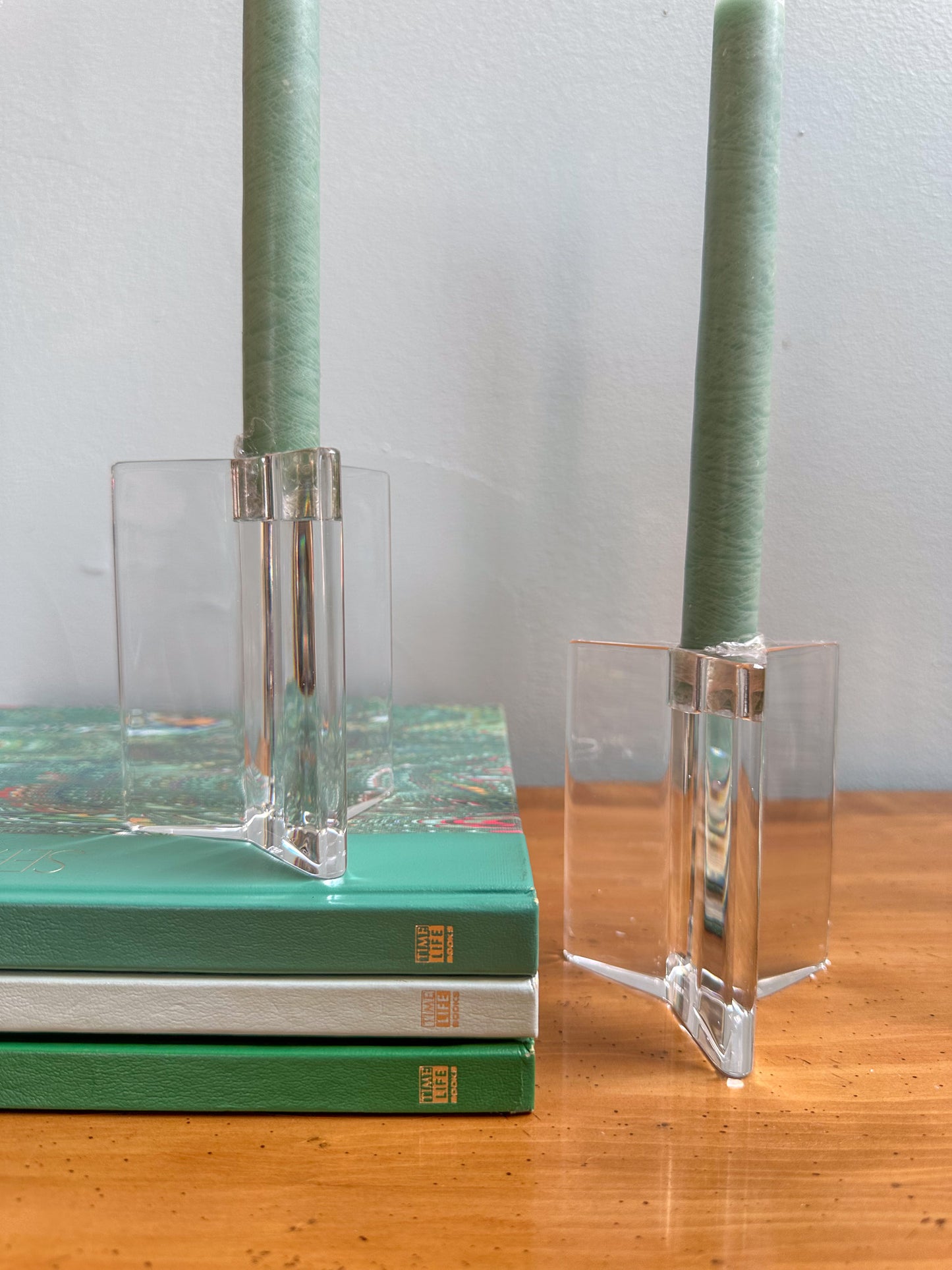 Pair of Riedel Crystal Candlestick Holders. Post-Modern Glass Candle Holders. Holiday Centerpiece Candlesticks.