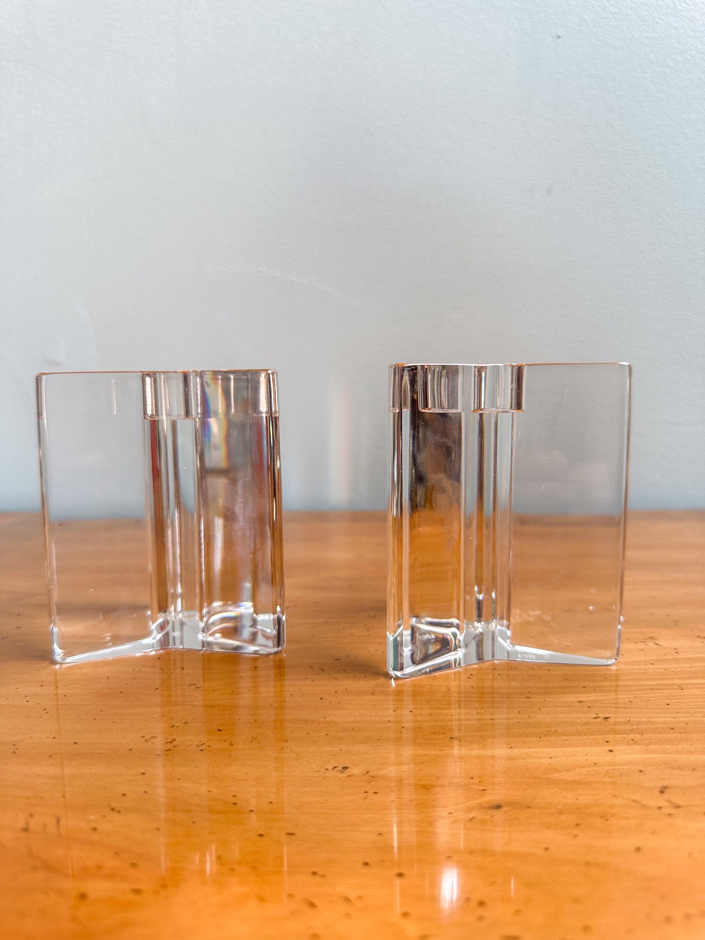 Pair of Riedel Crystal Candlestick Holders. Post-Modern Glass Candle Holders. Holiday Centerpiece Candlesticks.