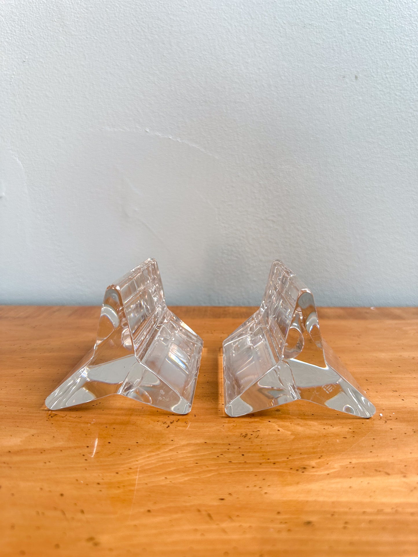 Pair of Riedel Crystal Candlestick Holders. Post-Modern Glass Candle Holders. Holiday Centerpiece Candlesticks.