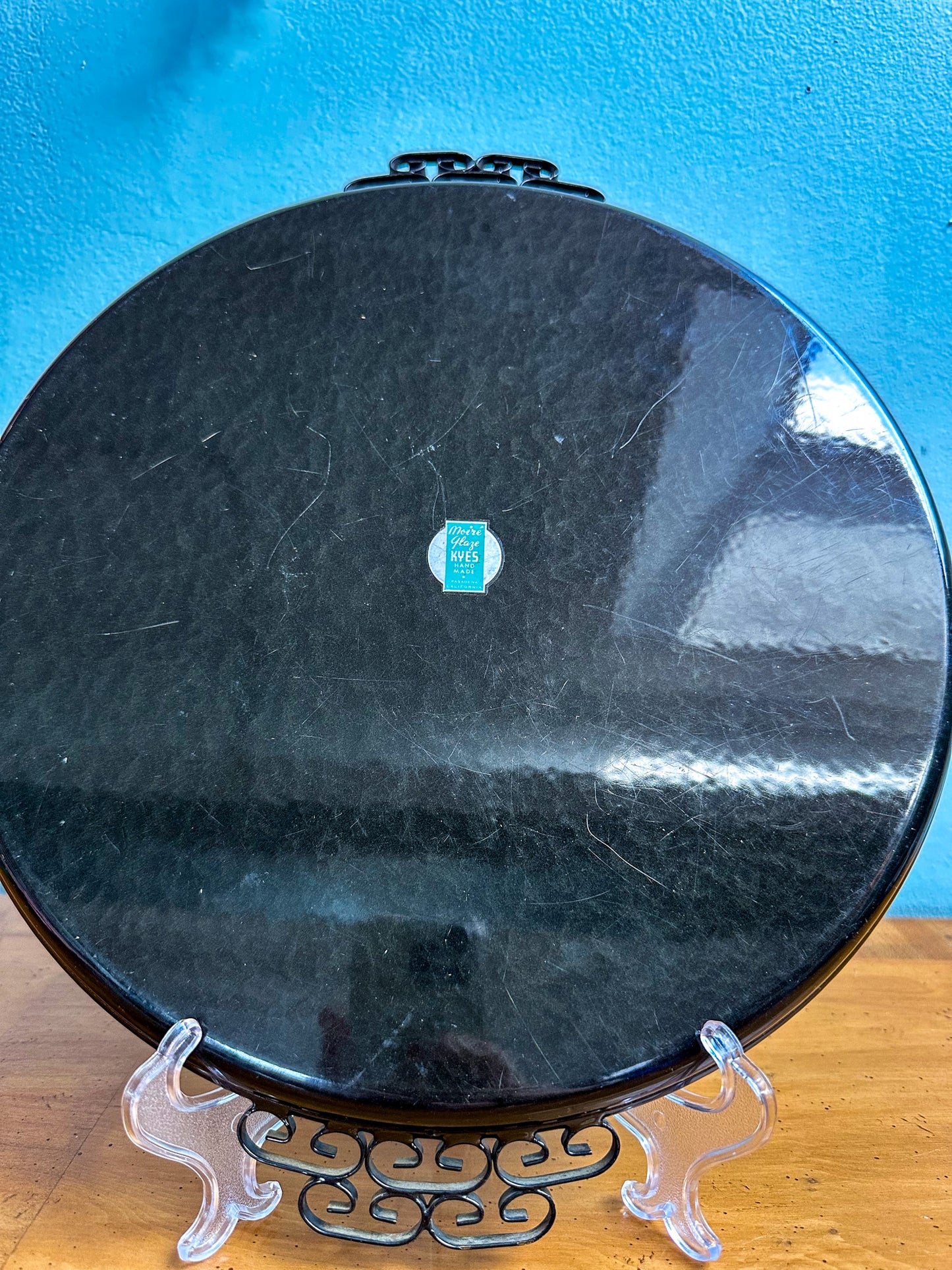 Vintage Hollywood Regency Kyes Moire-Glaze Black Lacquered Round Tray