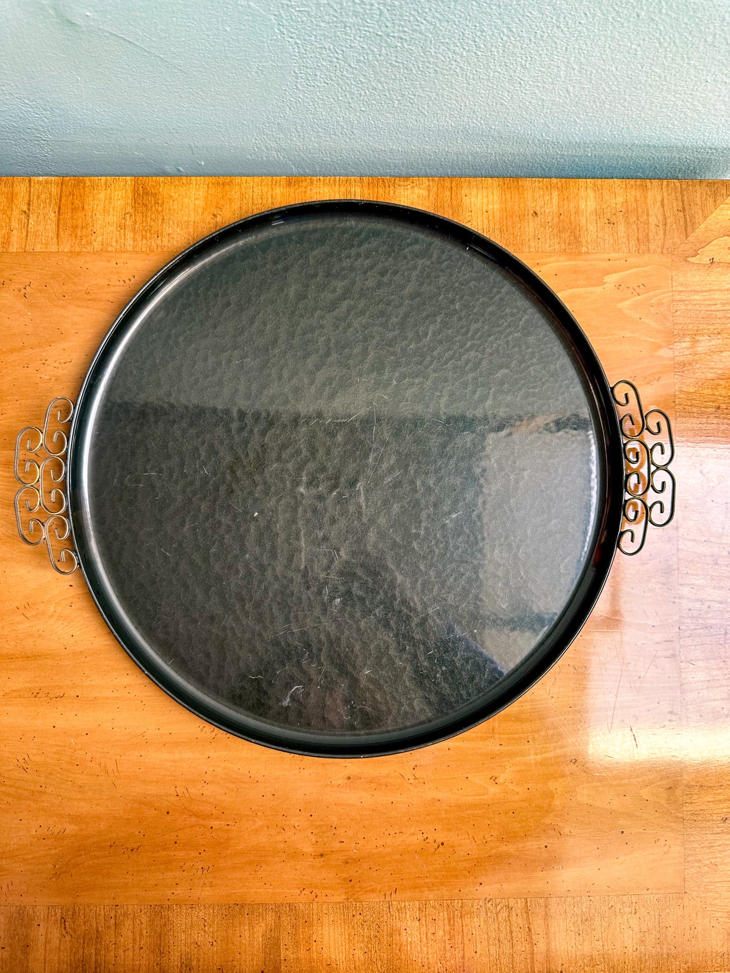 Vintage Hollywood Regency Kyes Moire-Glaze Black Lacquered Round Tray