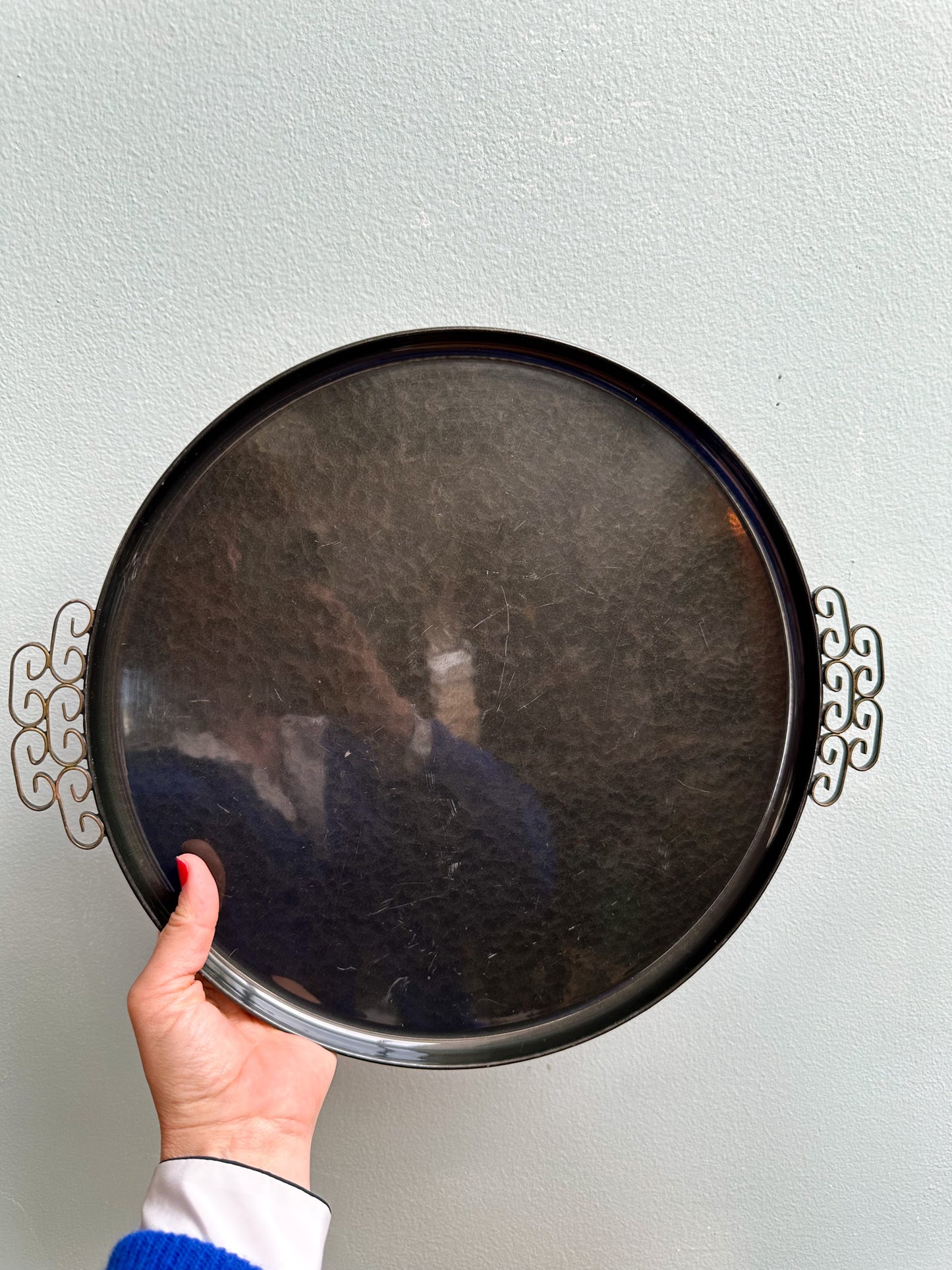 Vintage Hollywood Regency Kyes Moire-Glaze Black Lacquered Round Tray