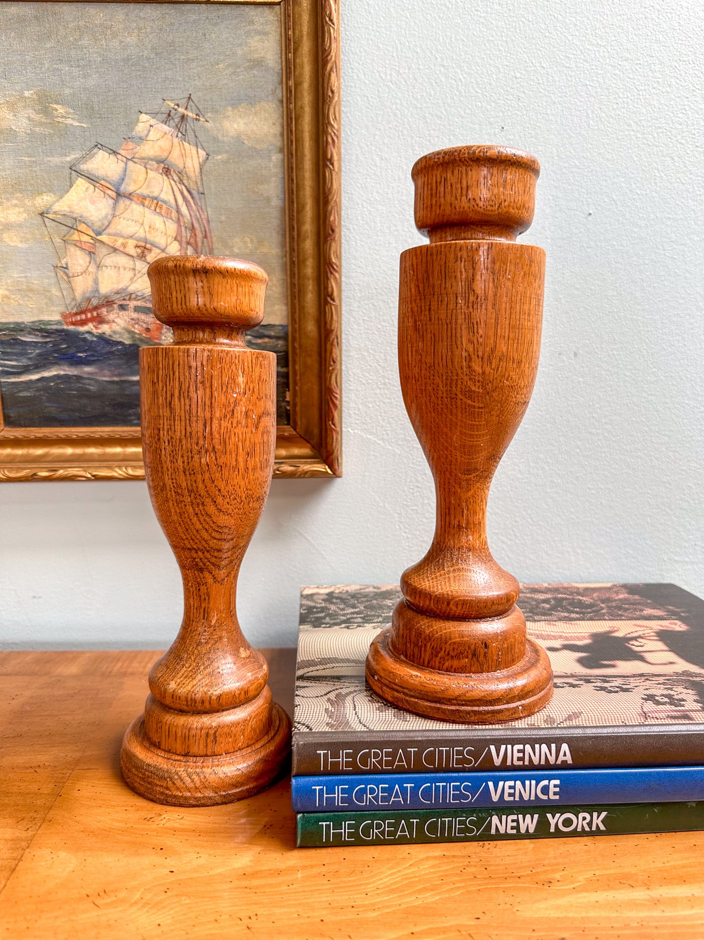 Vintage Oak Wood Curvy Candlestick Holders