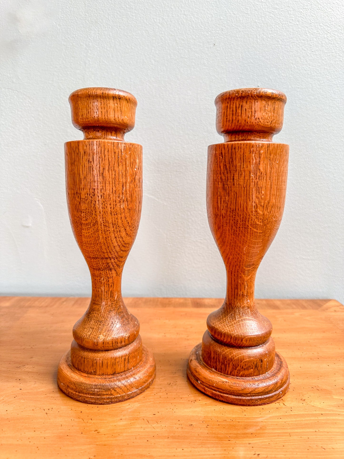 Vintage Oak Wood Curvy Candlestick Holders