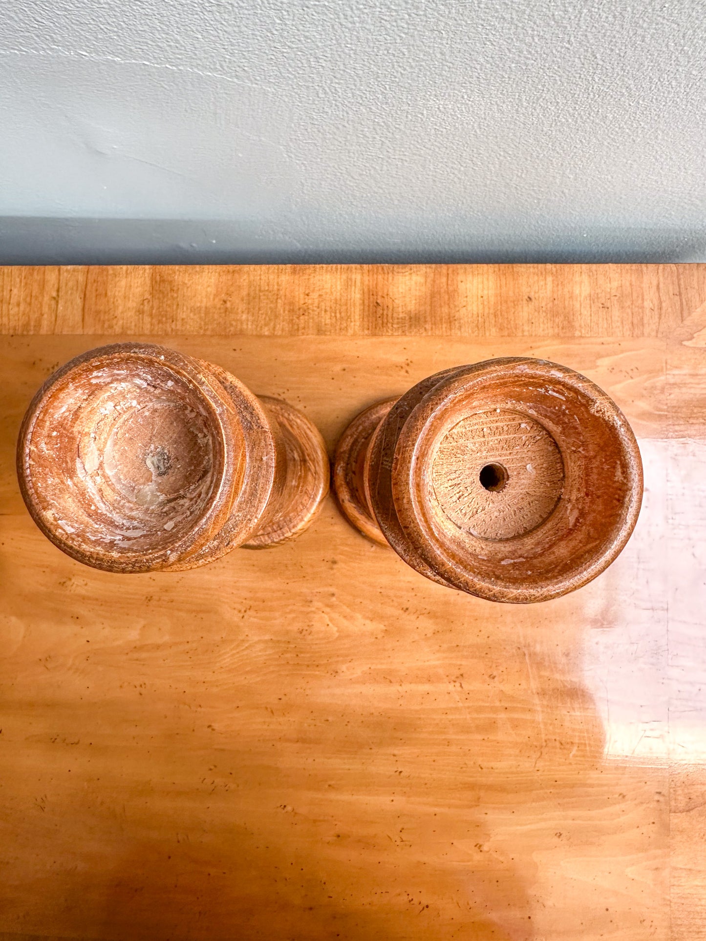 Vintage Oak Wood Curvy Candlestick Holders