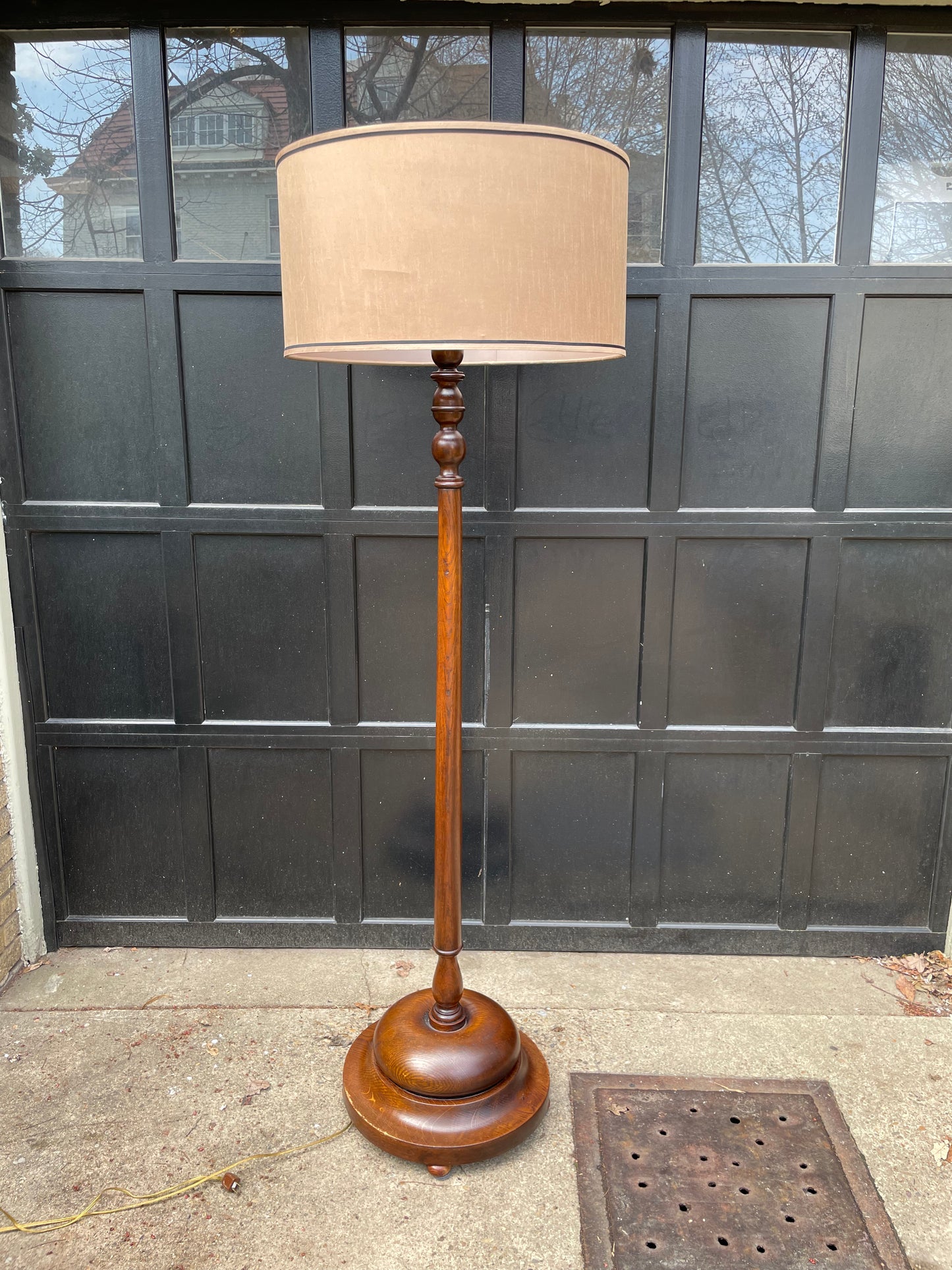 Tall wood floor lamp with a silk shade