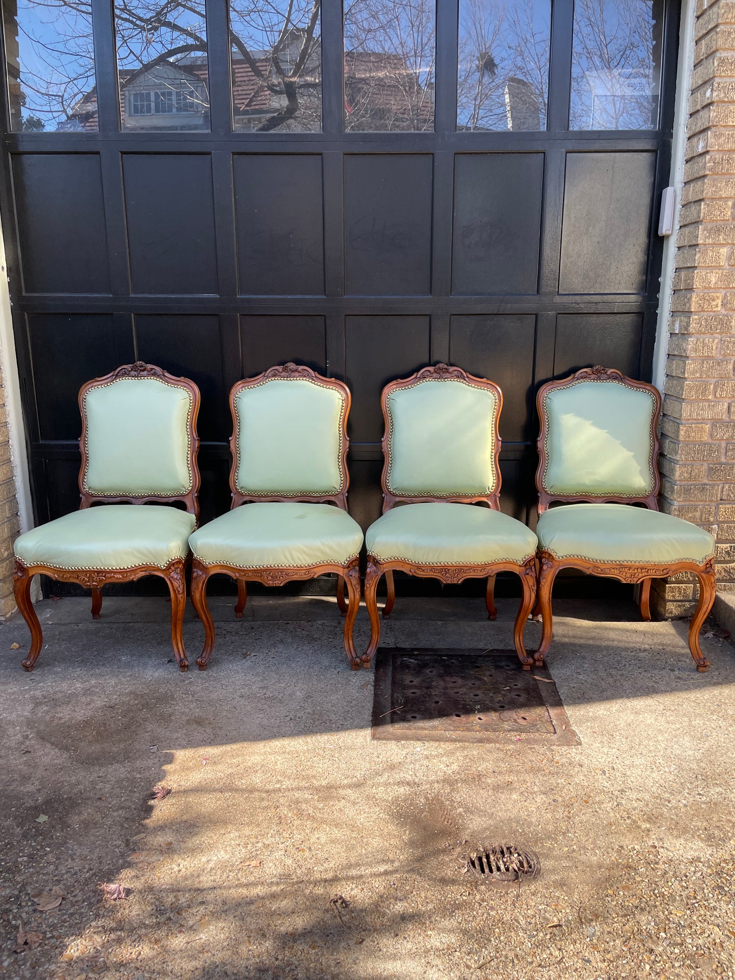 Antique chairs upholstered in pistachio leather, Louis XV